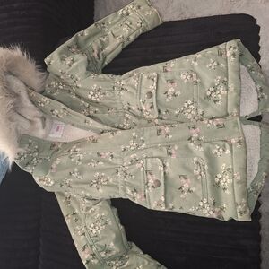 Floral Green Kids Jacket with Faux Fur Trim